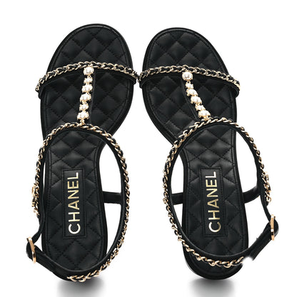 Chanel Silk Satin Pearl Chain CC Sandals 37.5 Black 2 of 10
