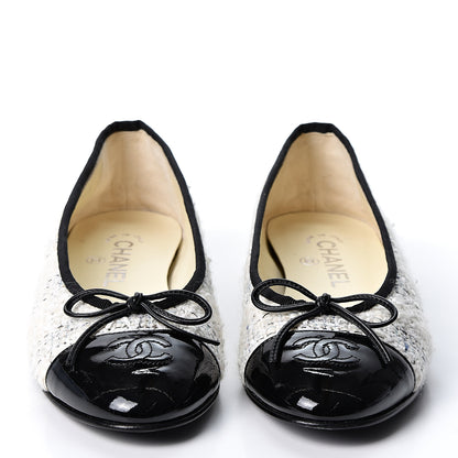 Chanel Tweed Cap Toe Ballerina Flats 38 White Black 2 of 10