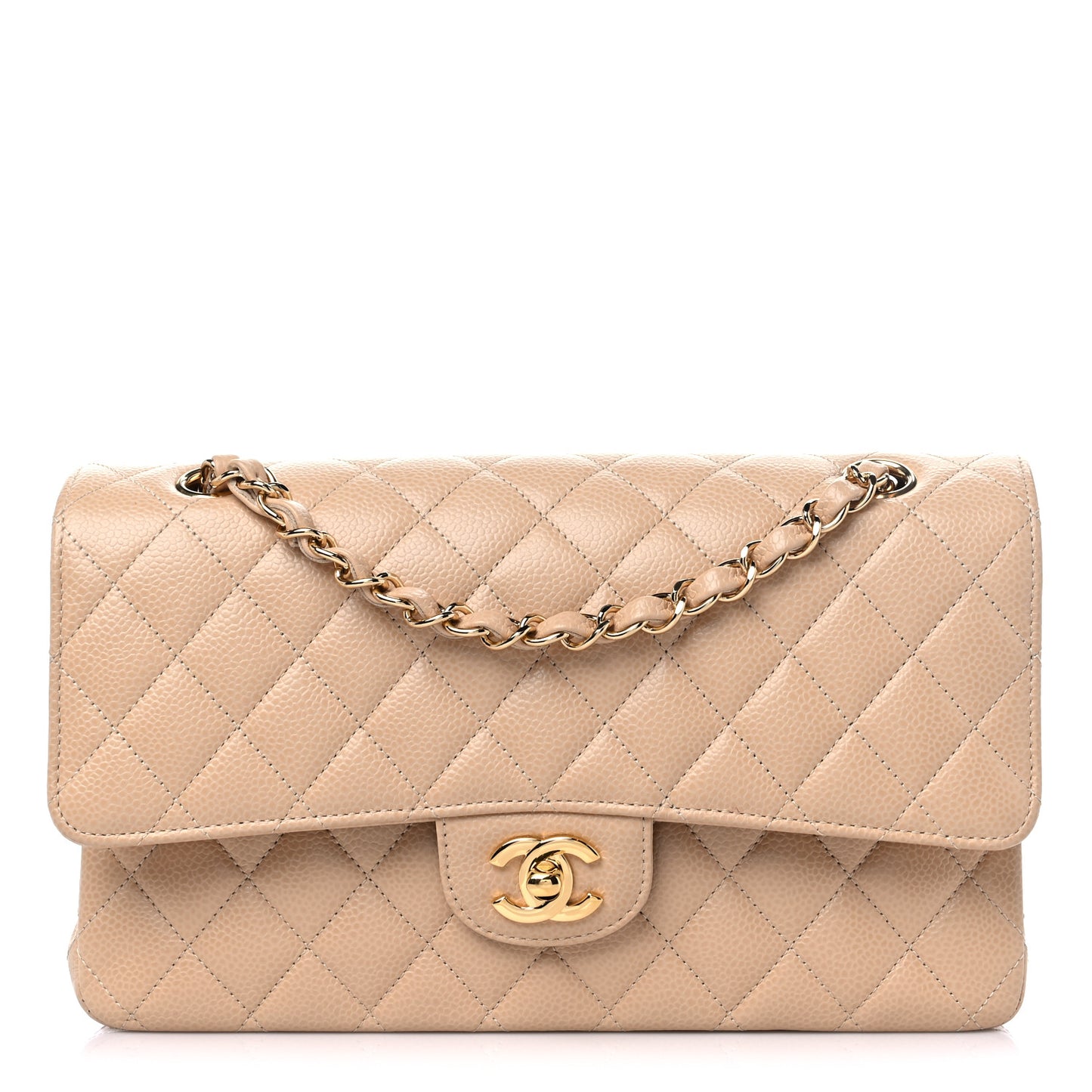 Caviar Quilted Medium Double Flap Beige