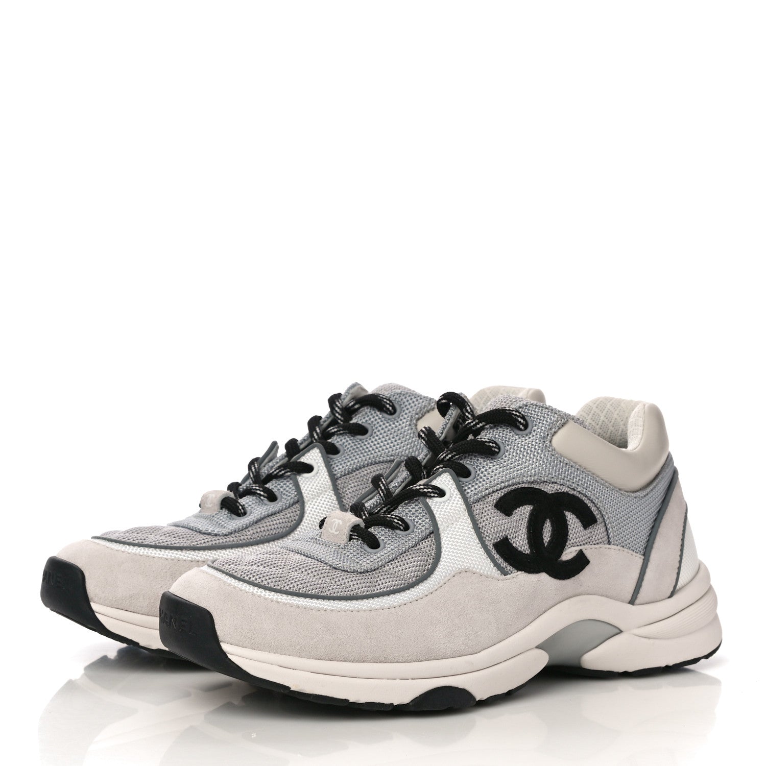 Chanel Nylon Calfskin Suede Womens CC Sneakers 38.5 Grey White 4 of 10