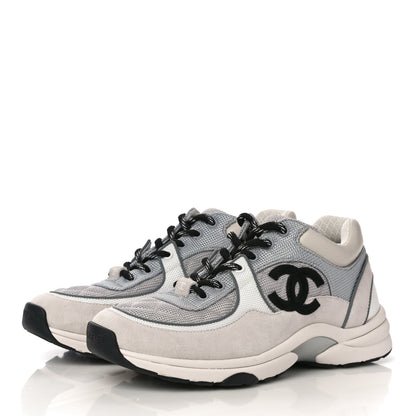 Chanel Nylon Calfskin Suede Womens CC Sneakers 38.5 Grey White 4 of 10