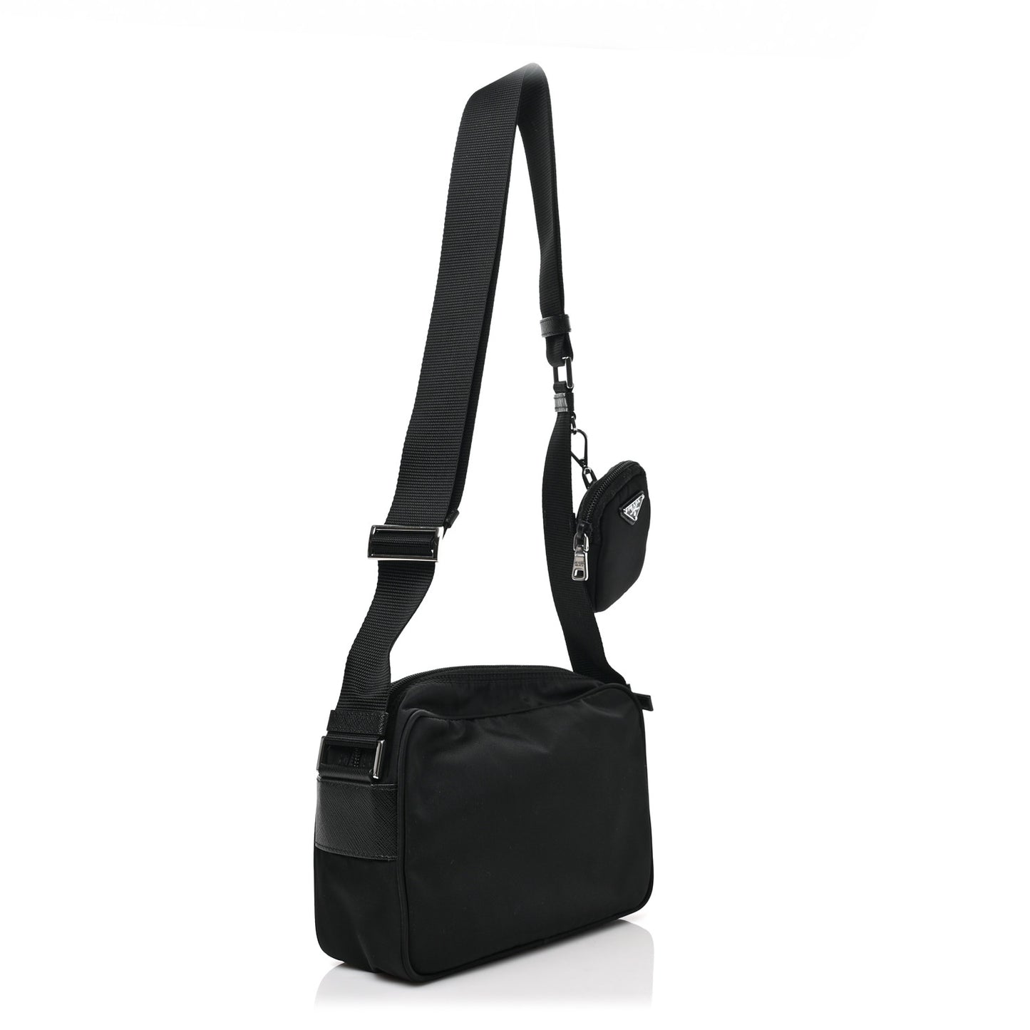 Re-Nylon Vela Saffiano Pocket Double Zip Shoulder Bag Black