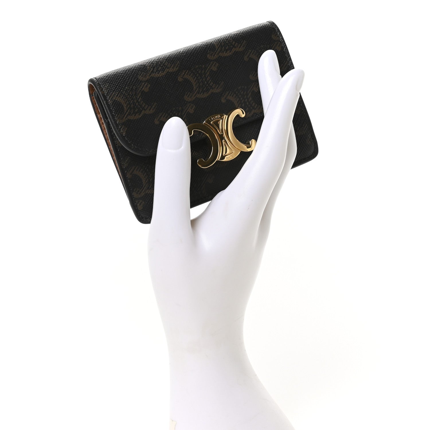 Celine Triomphe Canvas Calfskin Flap Card Holder Tan 2 of 9