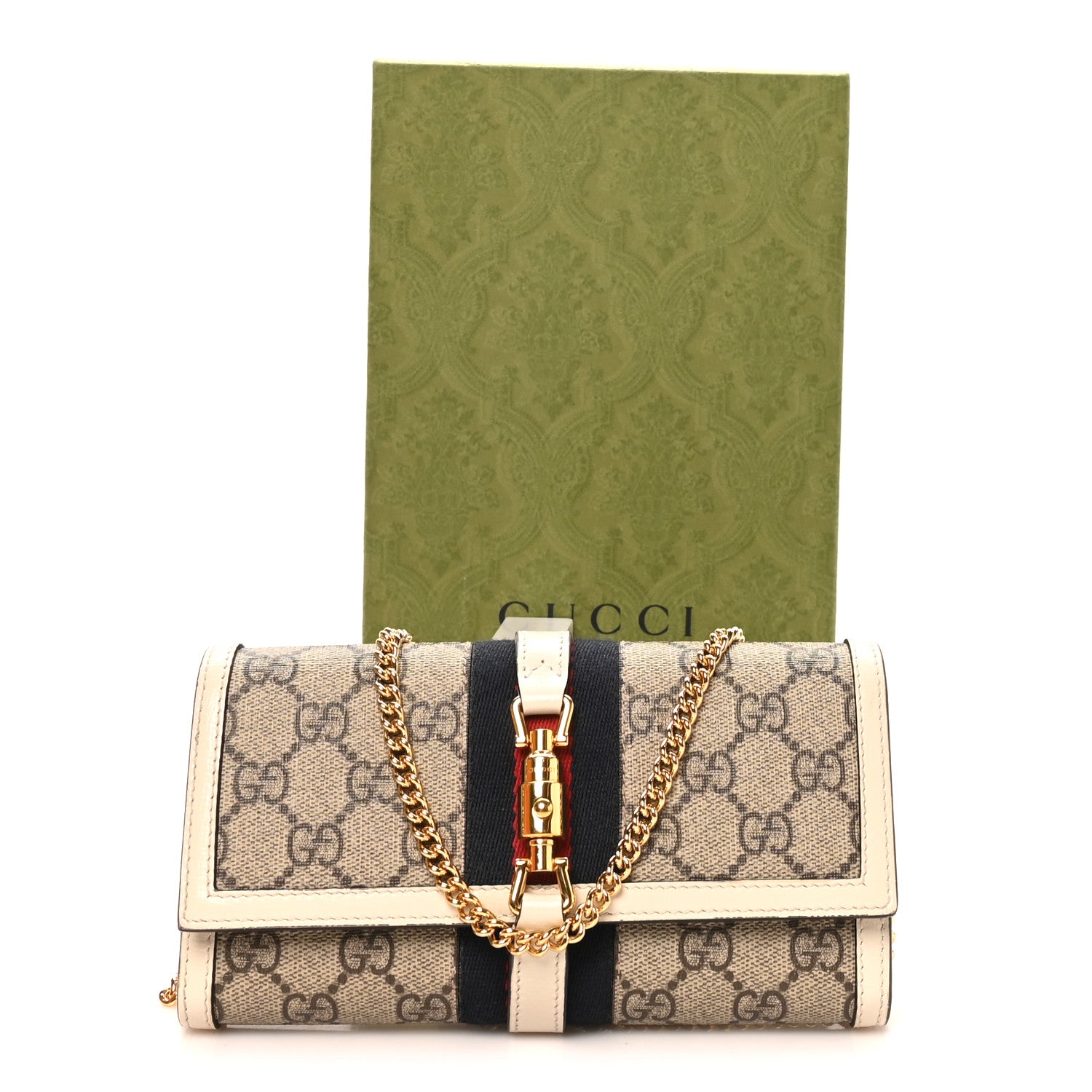 Gucci GG Supreme Monogram Textured Calfskin Web Jackie 1961 Chain Wallet Beige Ebony Mystic White 12 of 12