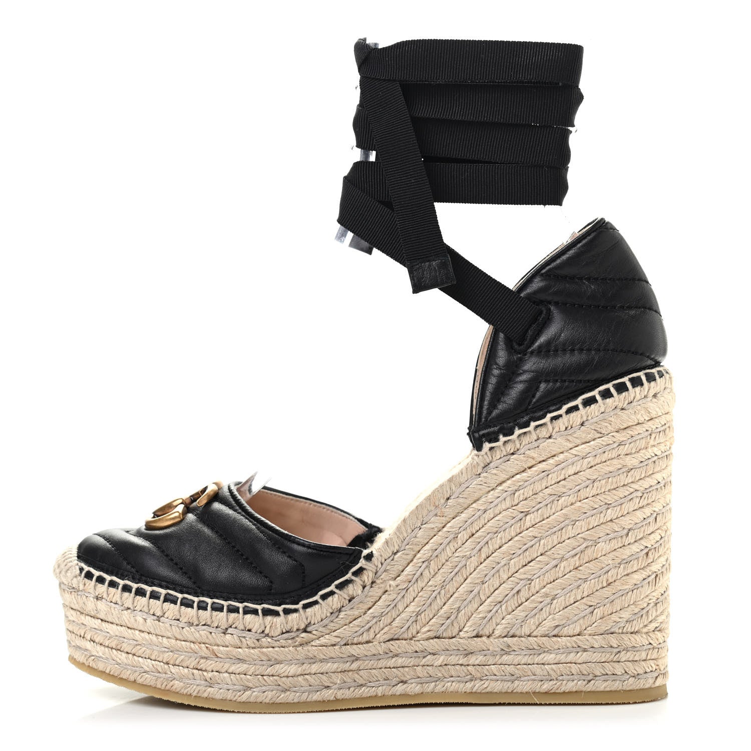 Gucci Nappa Matelasse GG Marmont Ankle Wrap Platform 35/120mm Espadrille Wedges 39.5 Black 1 of 9