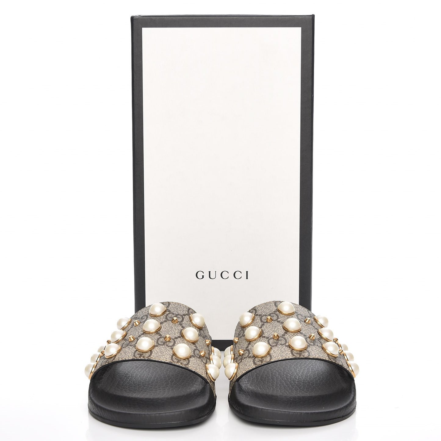GG Supreme Monogram Pearls Slide Sandals 38 Beige