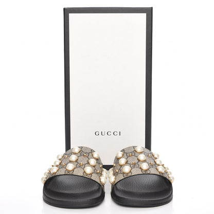 Gucci GG Supreme Monogram Pearls Slide Sandals 38 Beige 8 of 8