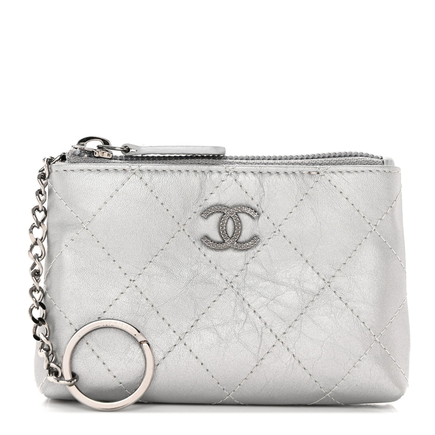 Metallic Aged Calfskin Quilted Palette Key Holder Case Silver