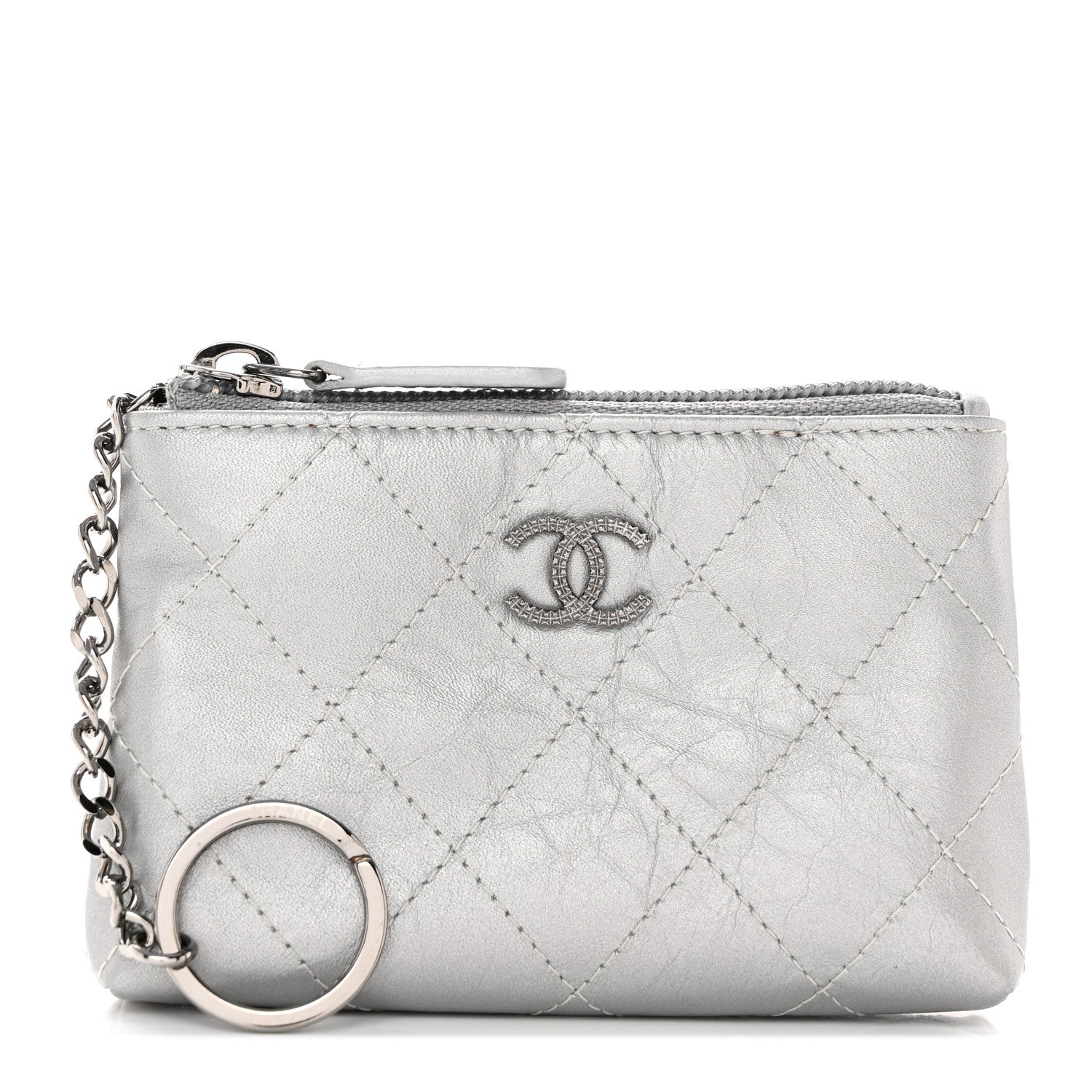 Chanel Metallic Aged Calfskin Quilted Palette Key Holder Case Silver 1 of 8