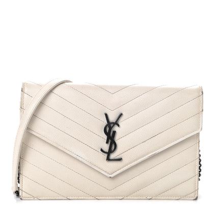 Saint Laurent Grain De Poudre Matelasse Chevron Monogram Envelope Chain Wallet White 1 of 7