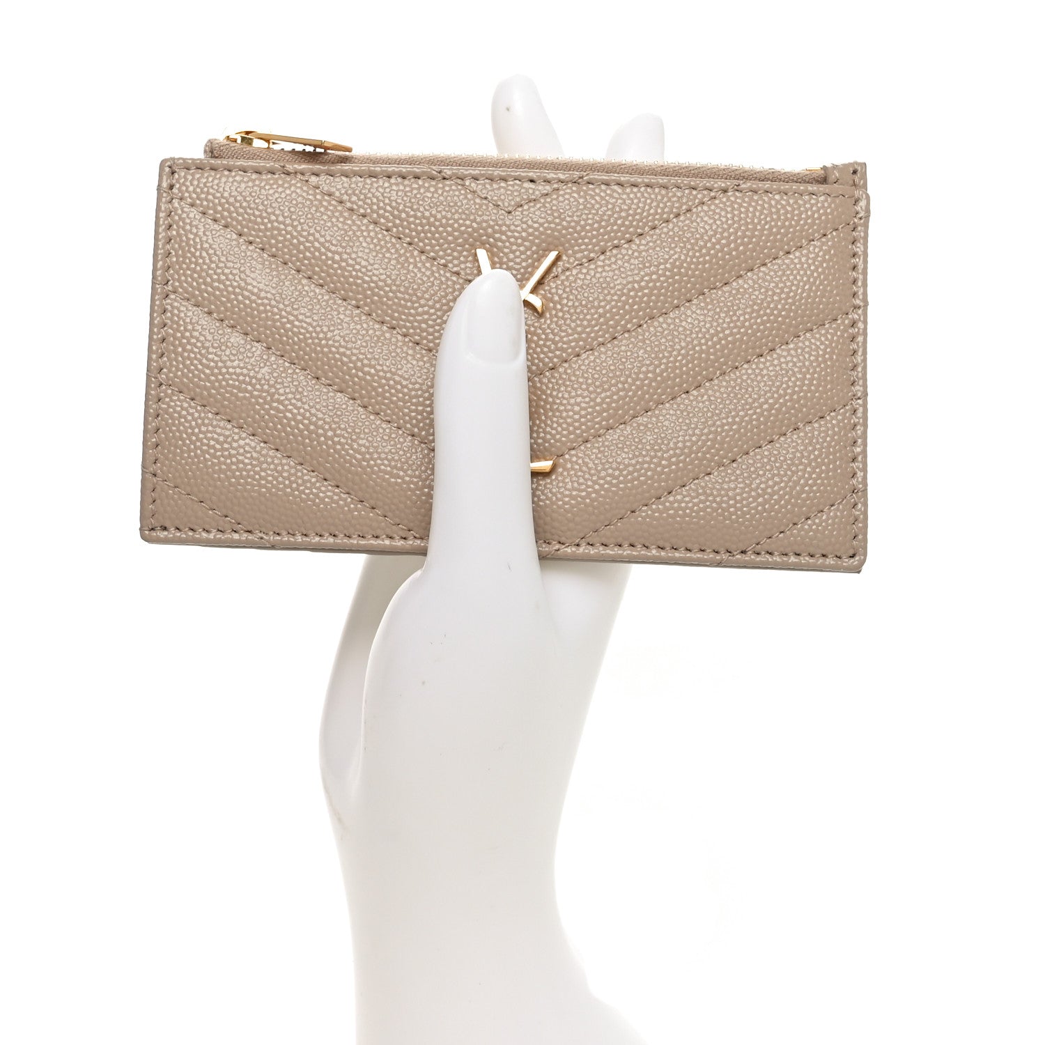Saint Laurent Grain De Poudre Matelasse Chevron Monogram Fragments Zippered Card Case Deep Beige 2 of 9