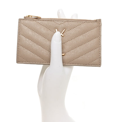 Saint Laurent Grain De Poudre Matelasse Chevron Monogram Fragments Zippered Card Case Deep Beige 2 of 9