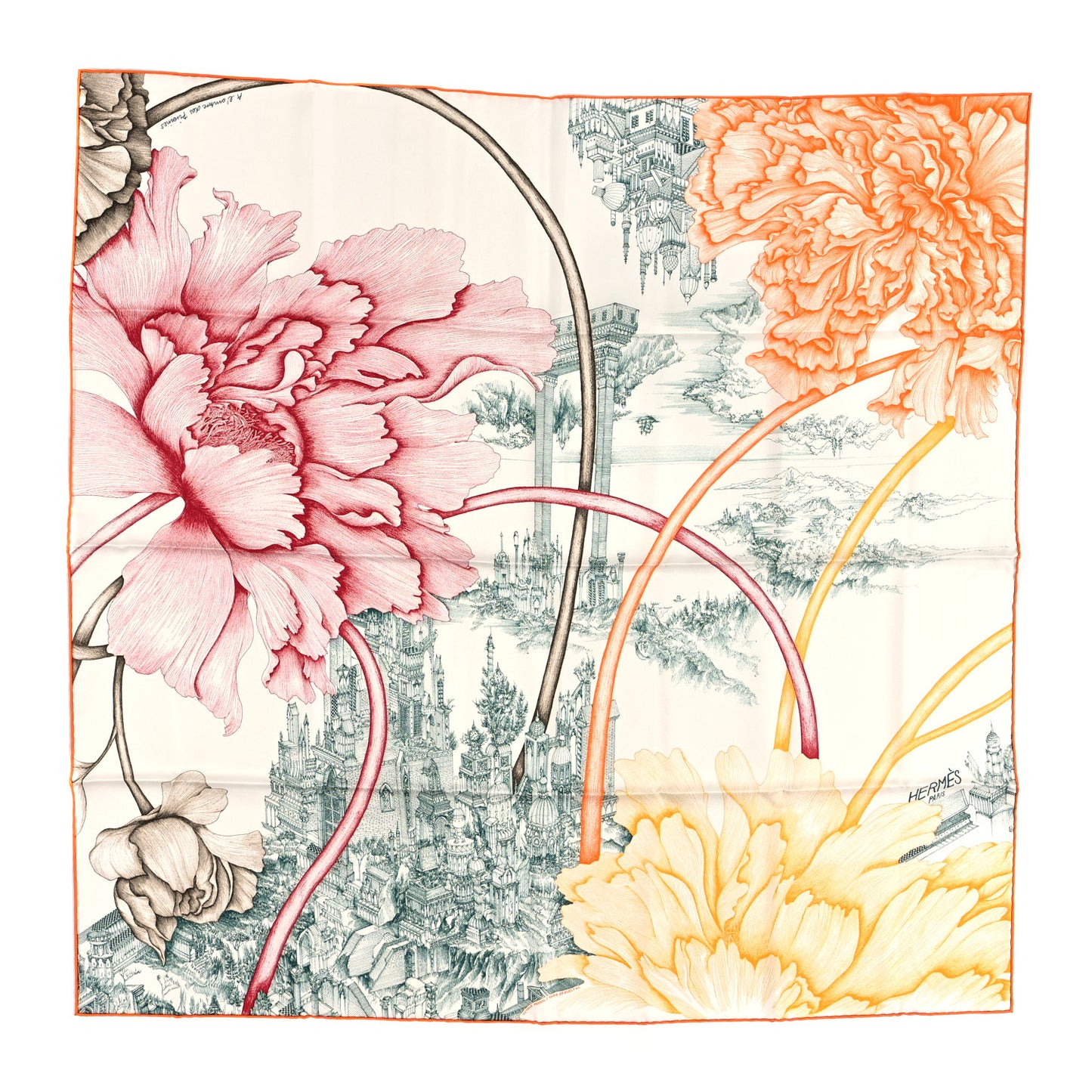 Silk A l'Ombre des Pivoines Scarf 90 White Orange Vert
