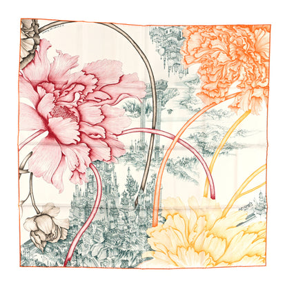 Hermes Silk A l'Ombre des Pivoines Scarf 90 White Orange Vert 1 of 4
