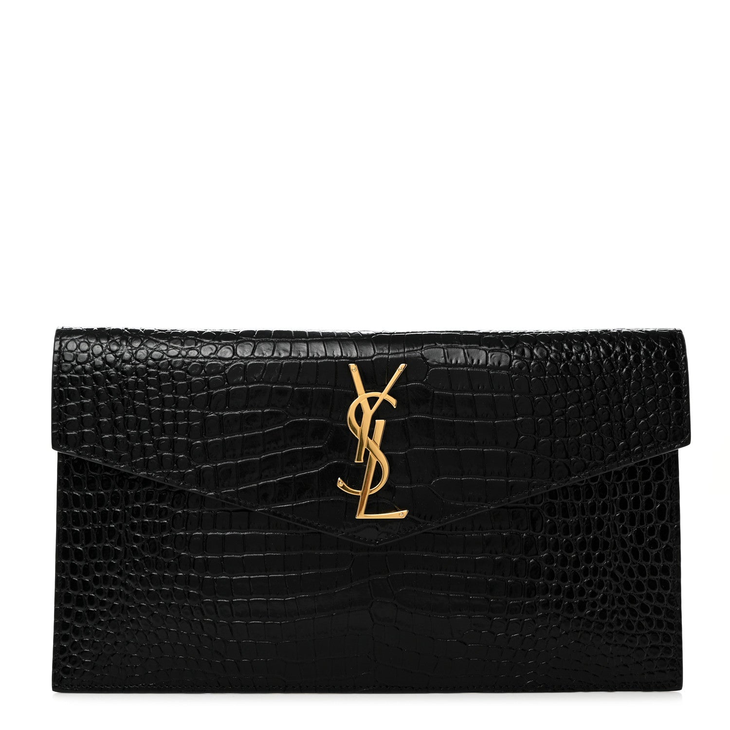 Saint Laurent Calfskin Crocodile Embossed Uptown Monogram Pouch Black 1 of 7
