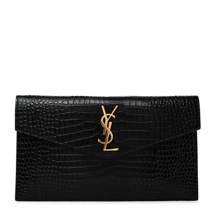 Saint Laurent Calfskin Crocodile Embossed Uptown Monogram Pouch Black 1 of 7