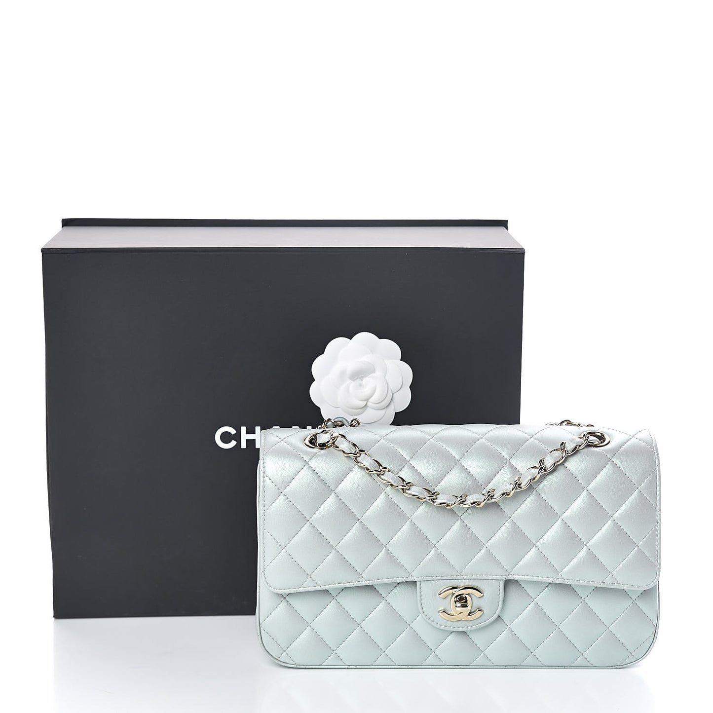 Iridescent Lambskin Quilted Medium Double Flap Light Blue