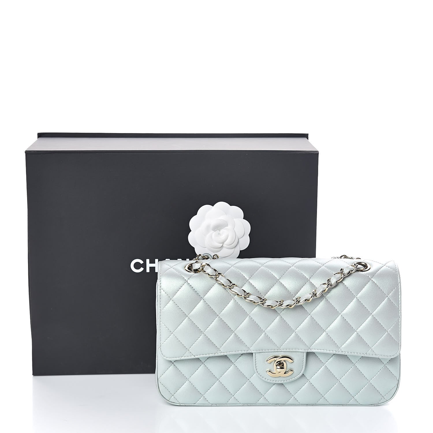 Chanel Iridescent Lambskin Quilted Medium Double Flap Light Blue 12 of 12