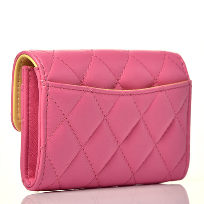 Chanel Lambskin Quilted Flap Card Holder Wallet Pink Yellow 3 of 7