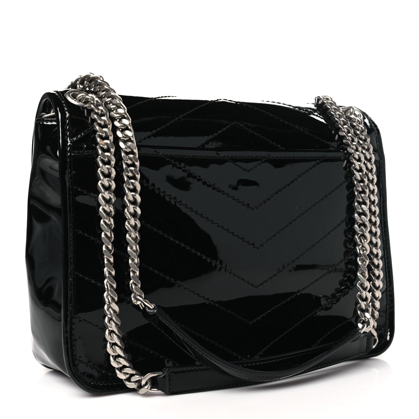 Faux Patent Matelasse Monogram Medium Niki Chain Satchel Black