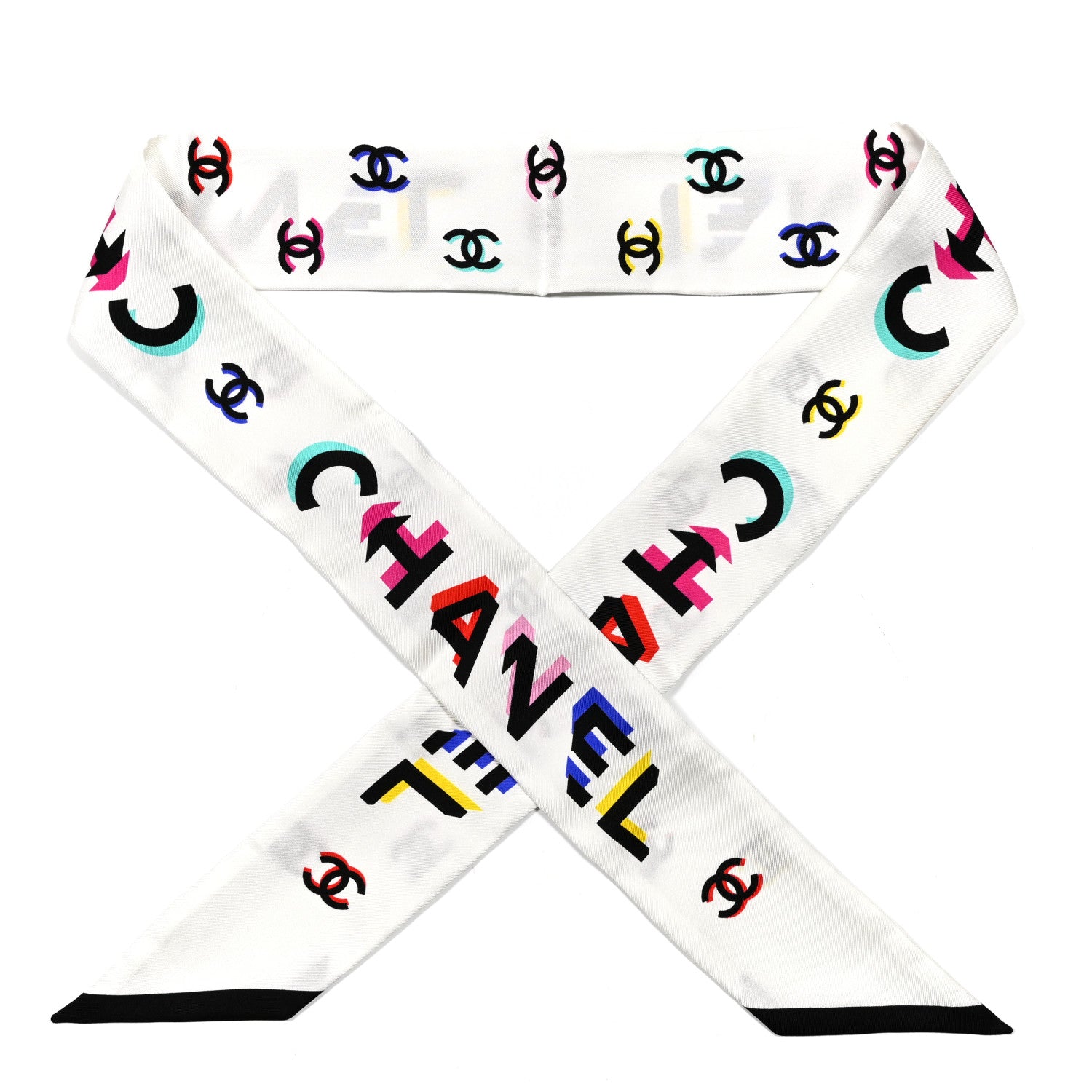 Chanel Silk Logo Slim Bandeau Scarf White Black Multicolor 1 of 4