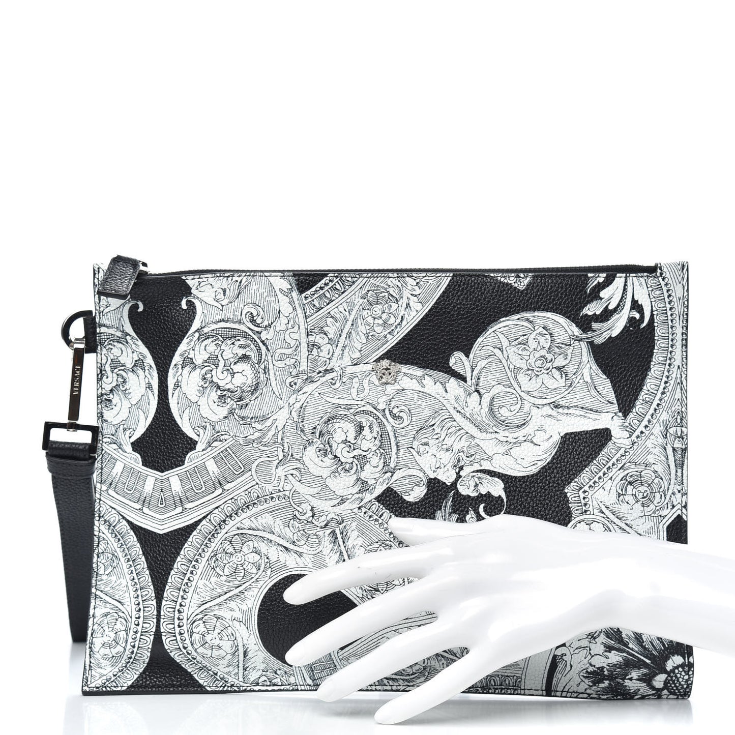 Grained Calfskin Large Baroccoflage Wristlet Pouch Black White
