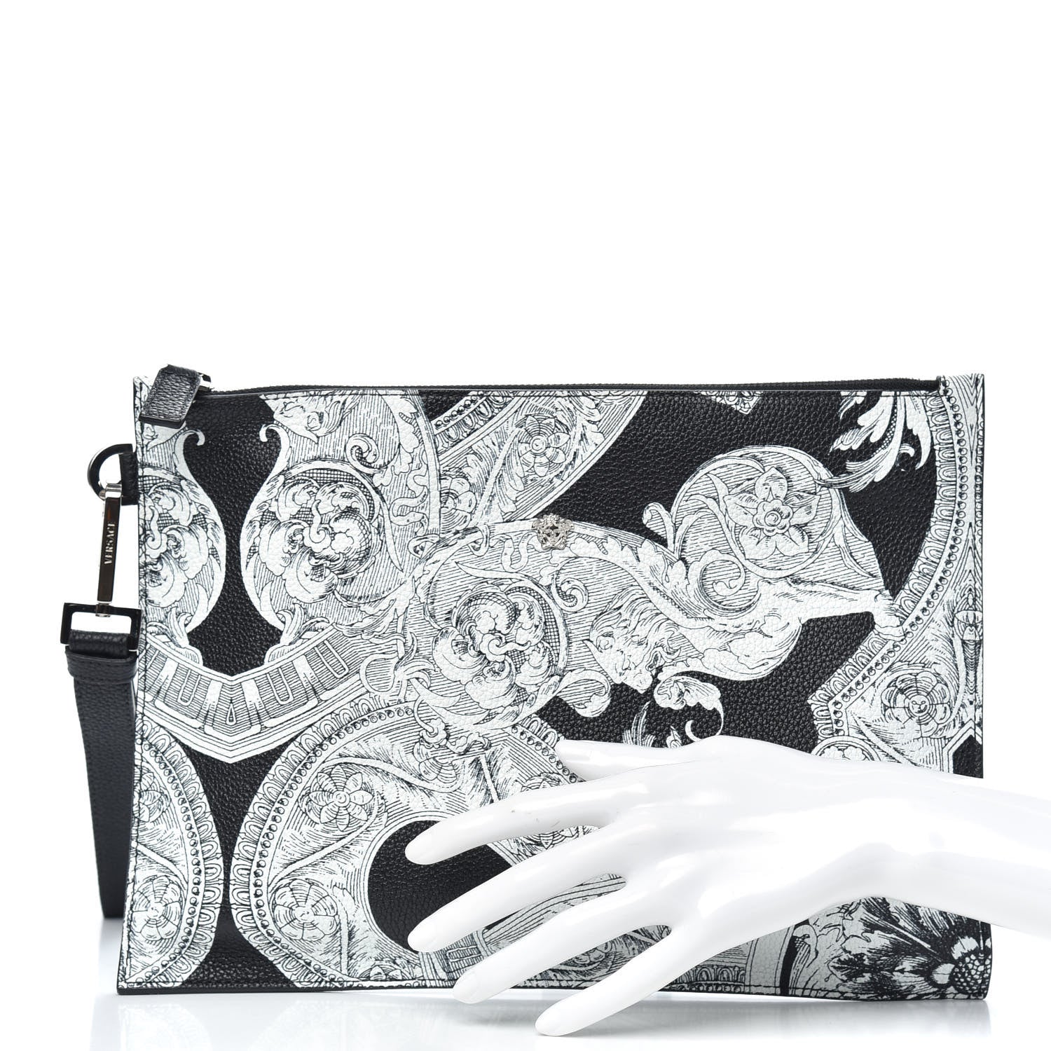 Versace Grained Calfskin Large Baroccoflage Wristlet Pouch Black White 2 of 8