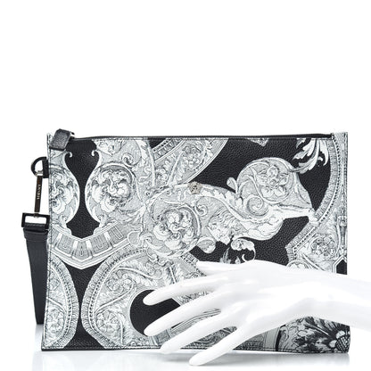 Versace Grained Calfskin Large Baroccoflage Wristlet Pouch Black White 2 of 8