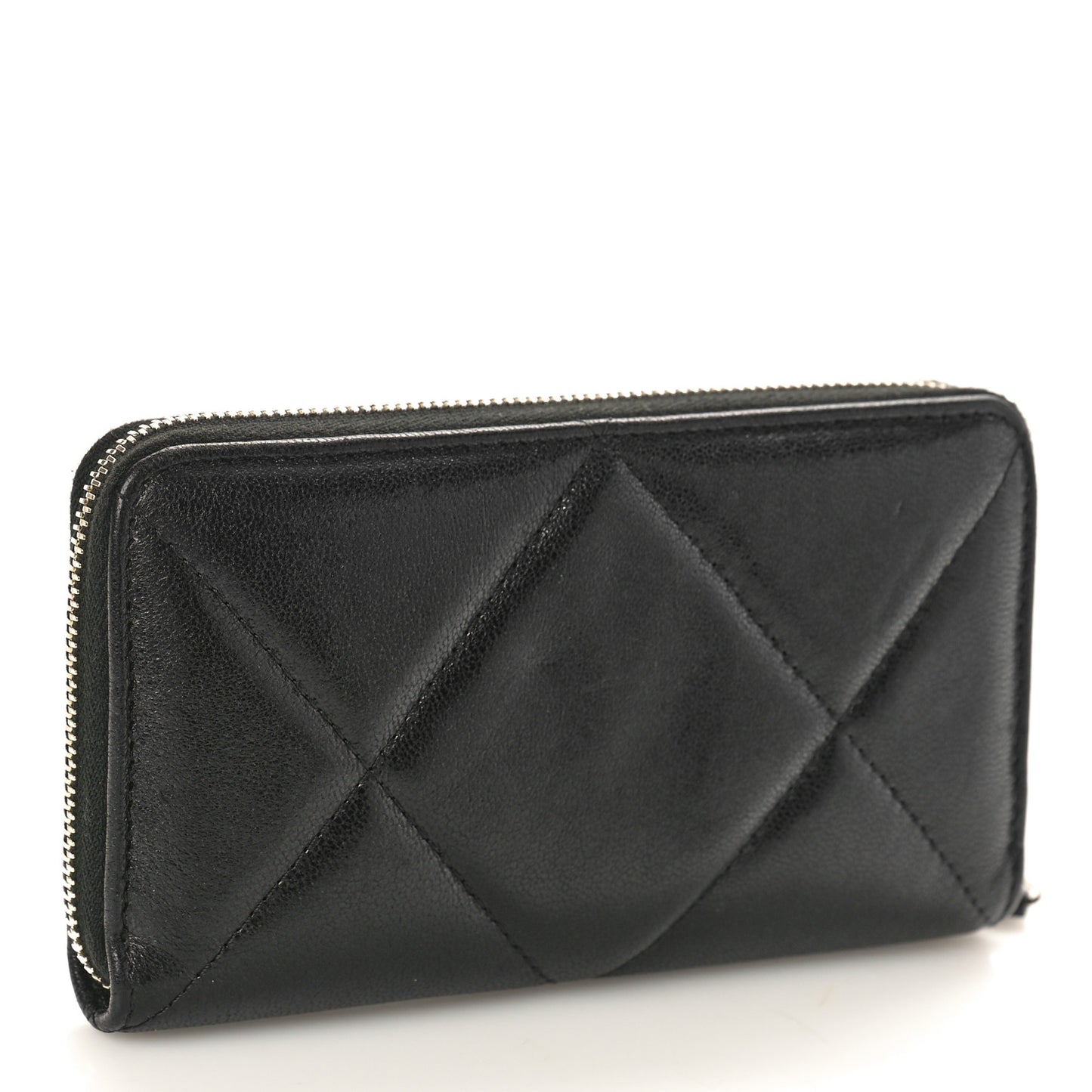 Shiny Goatskin Quilted Chanel 19 Long Zipped Around Wallet Black
