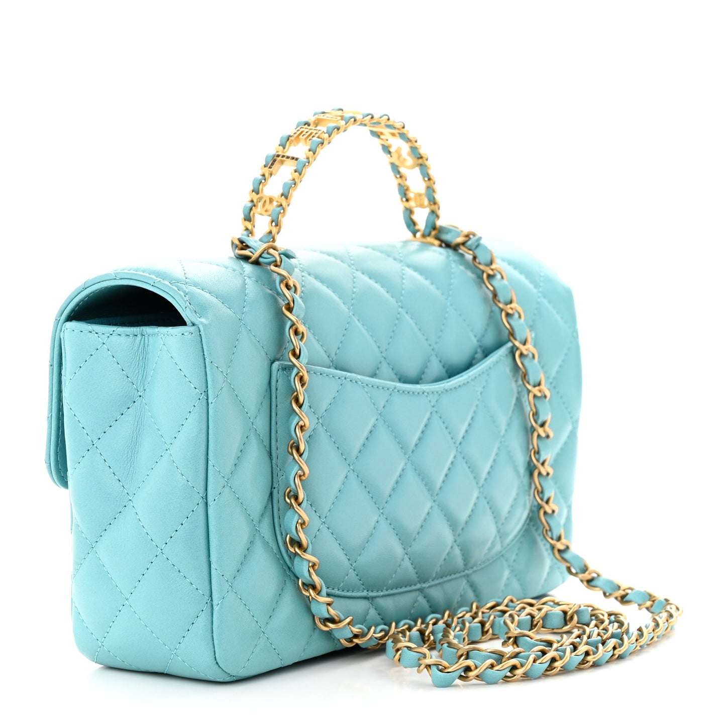 Lambskin Quilted Small Strass On Top Flap Bag Light Blue