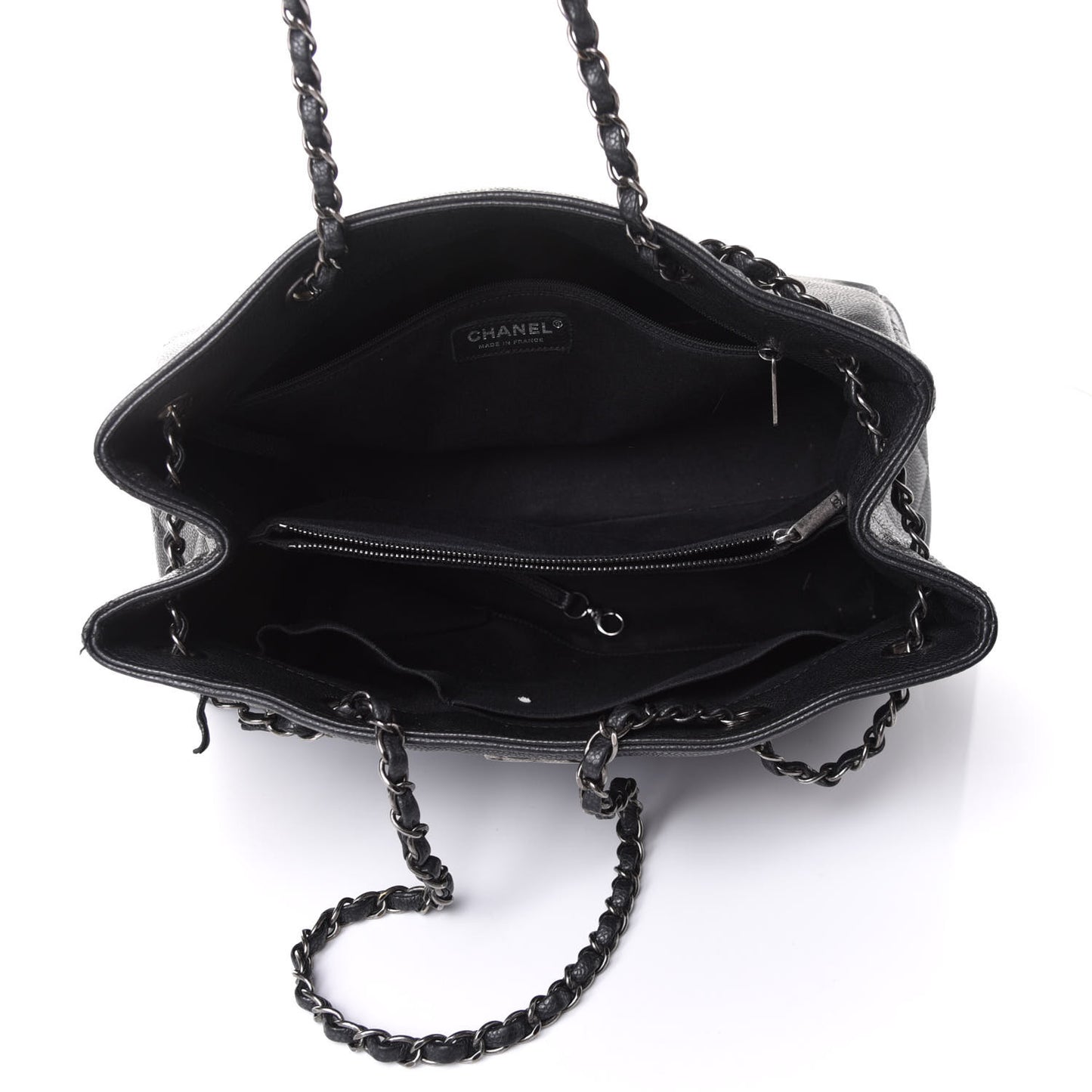 Metallic Grained Calfskin Medium Woven Chain Shopping Tote Black