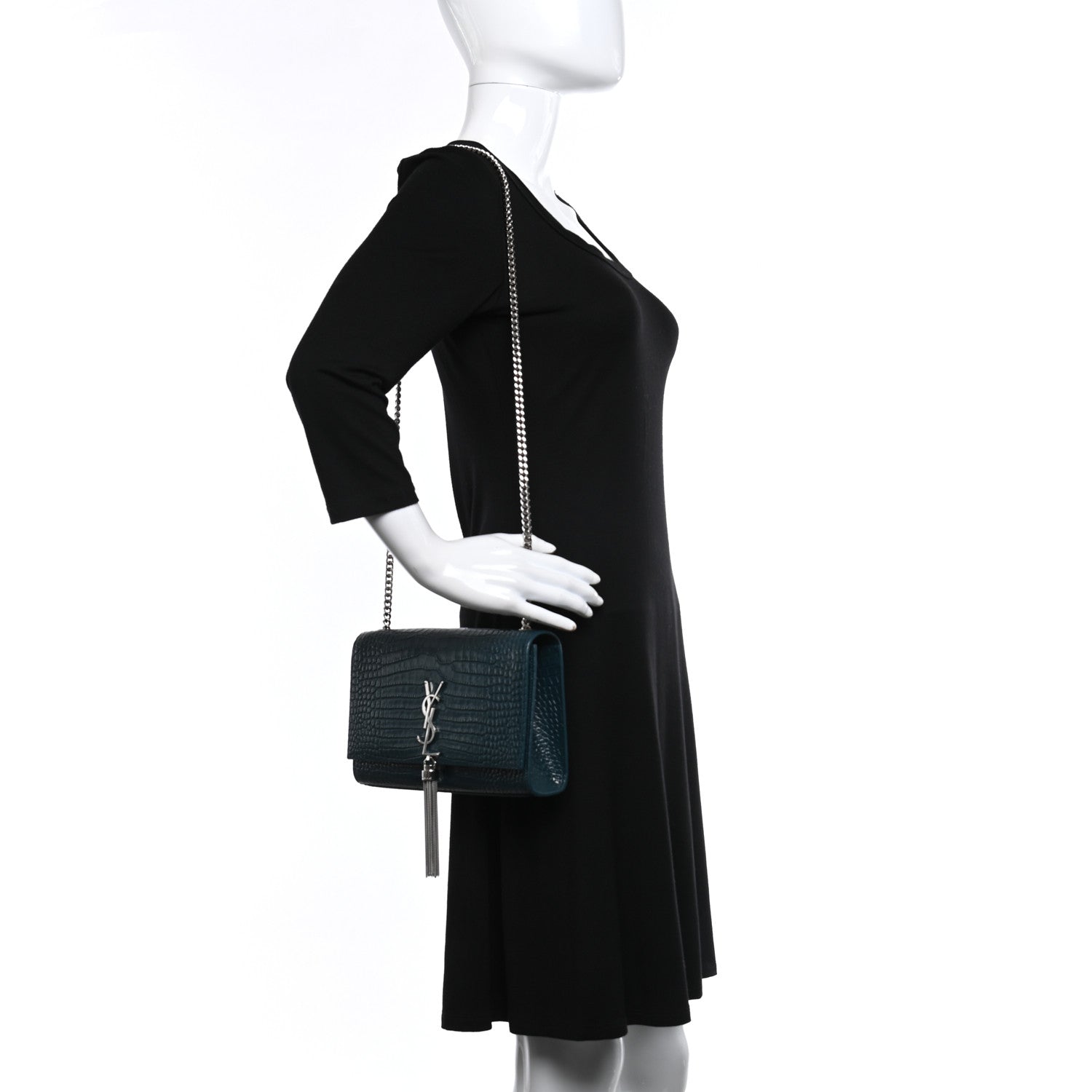 Saint Laurent Calfskin Crocodile Embossed Medium Classic Monogram Kate Tassel Satchel Dark Green 2 of 8