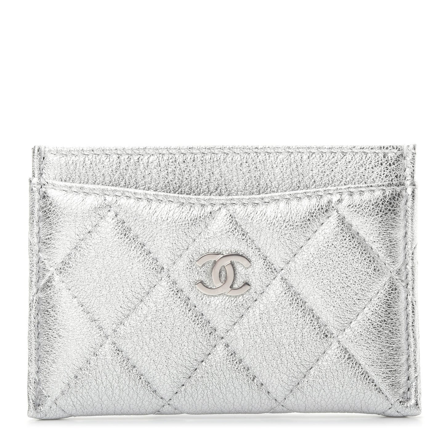 Metallic Lambskin Quilted Card Holder Silver