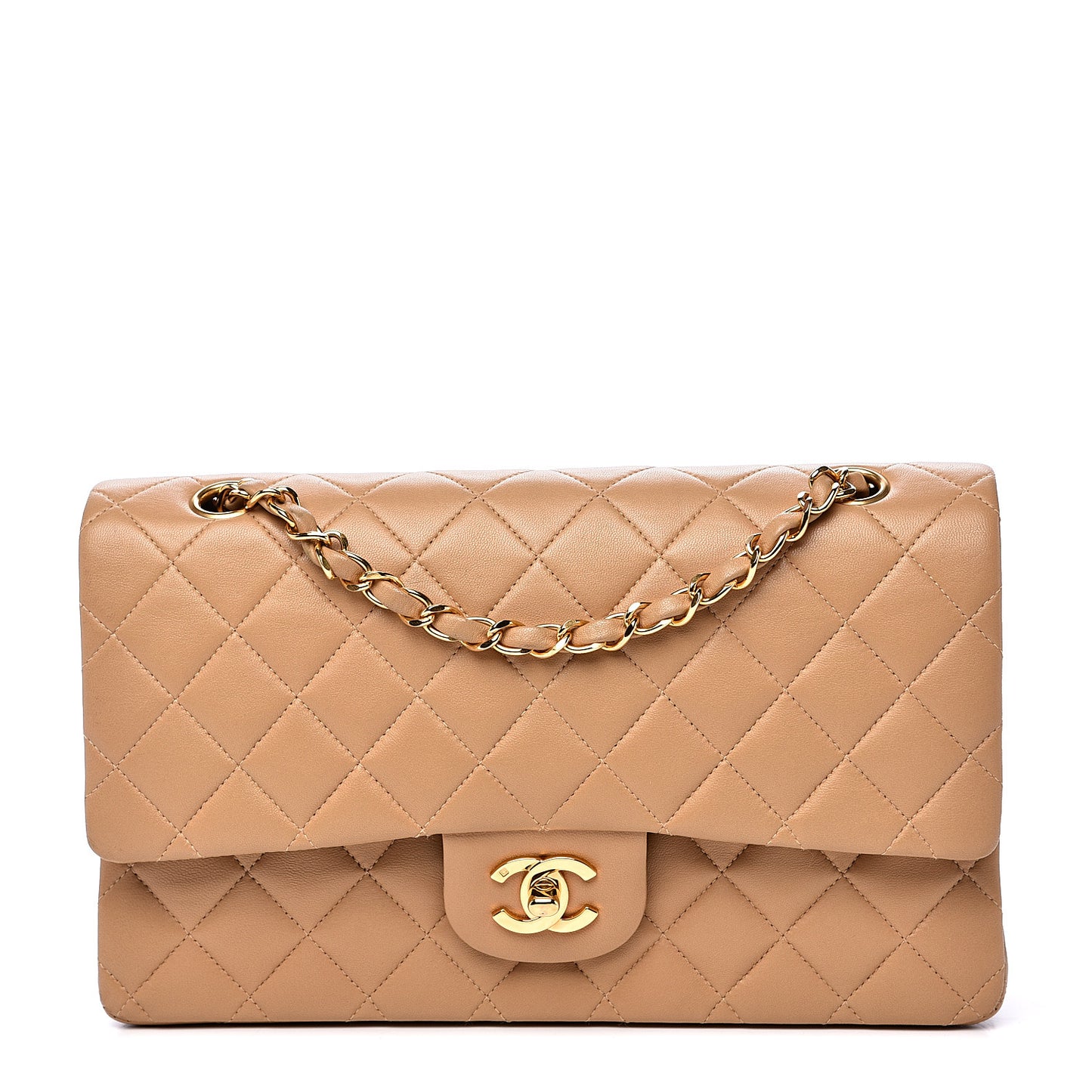 Lambskin Quilted Medium Double Flap Beige