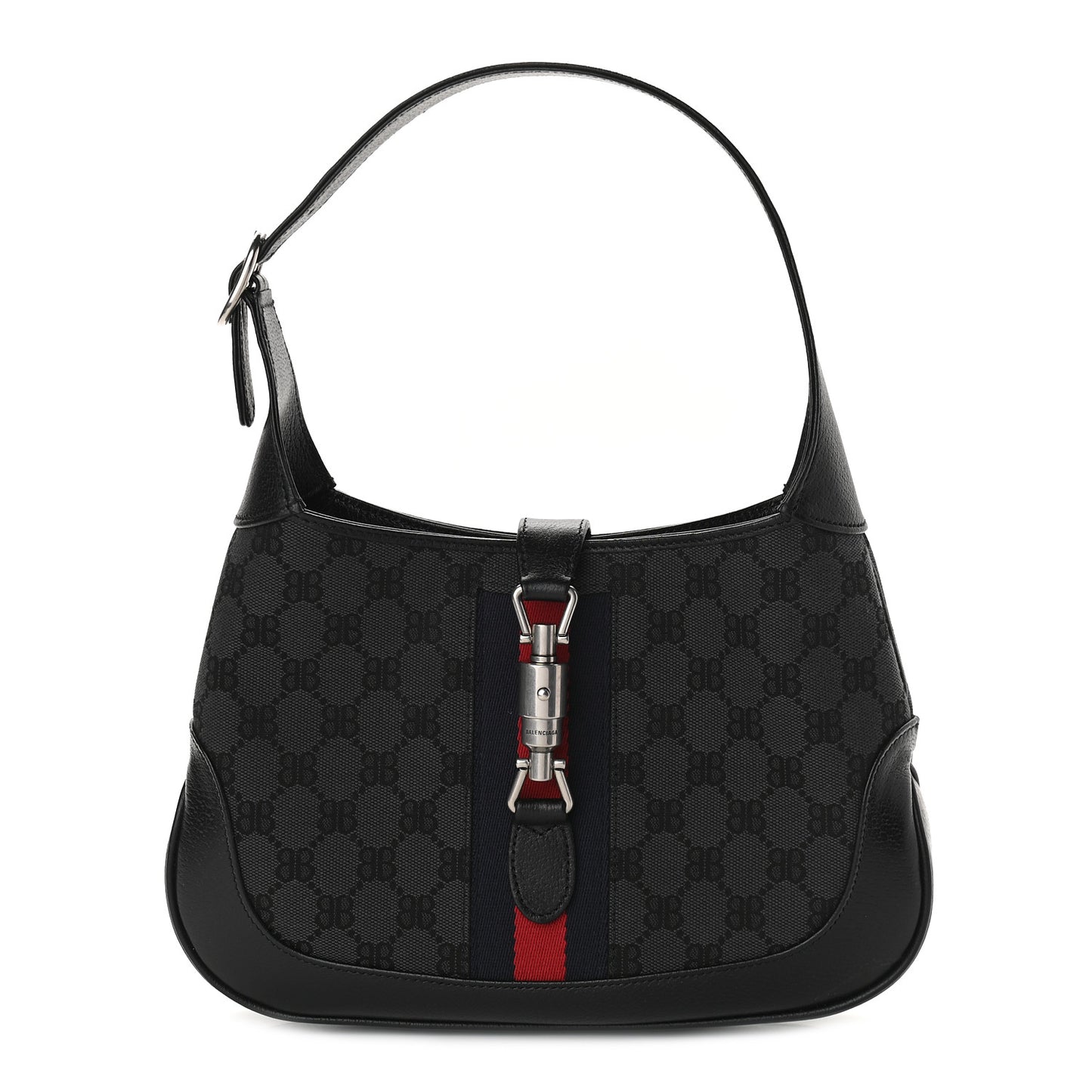 X BALENCIAGA BB Monogram Calfskin Web Small Jackie 1961 Hobo Black