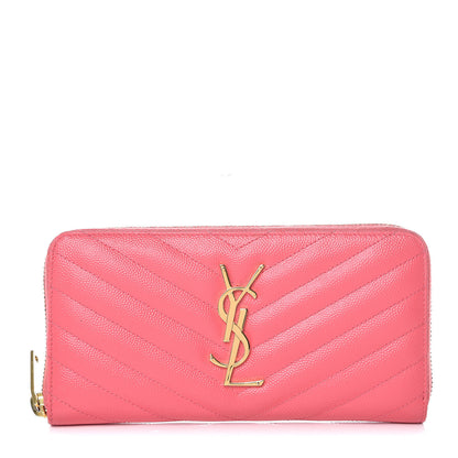 Saint Laurent Grain De Poudre Matelasse Chevron Monogram Zip Around Wallet Rose Clair 1 of 6