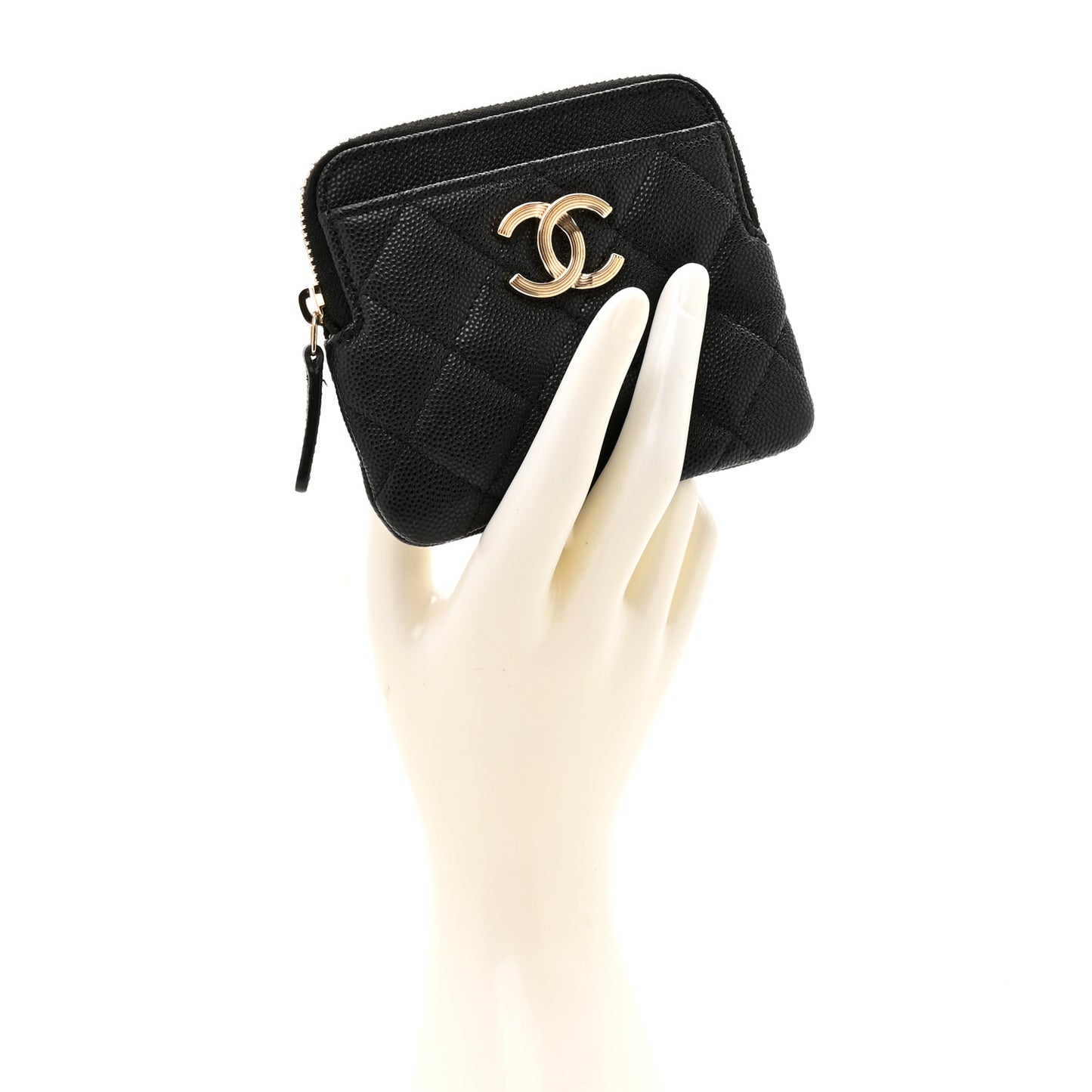 Caviar Quilted Striated Zip Card Holder Wallet Black