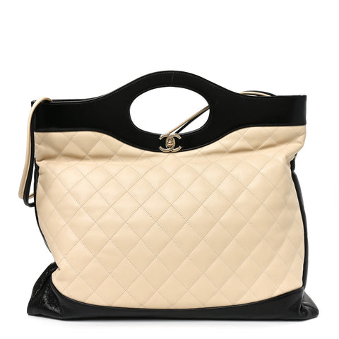 Aged Calfskin Quilted Large 31 Shopping Bag Beige Black Beige Black