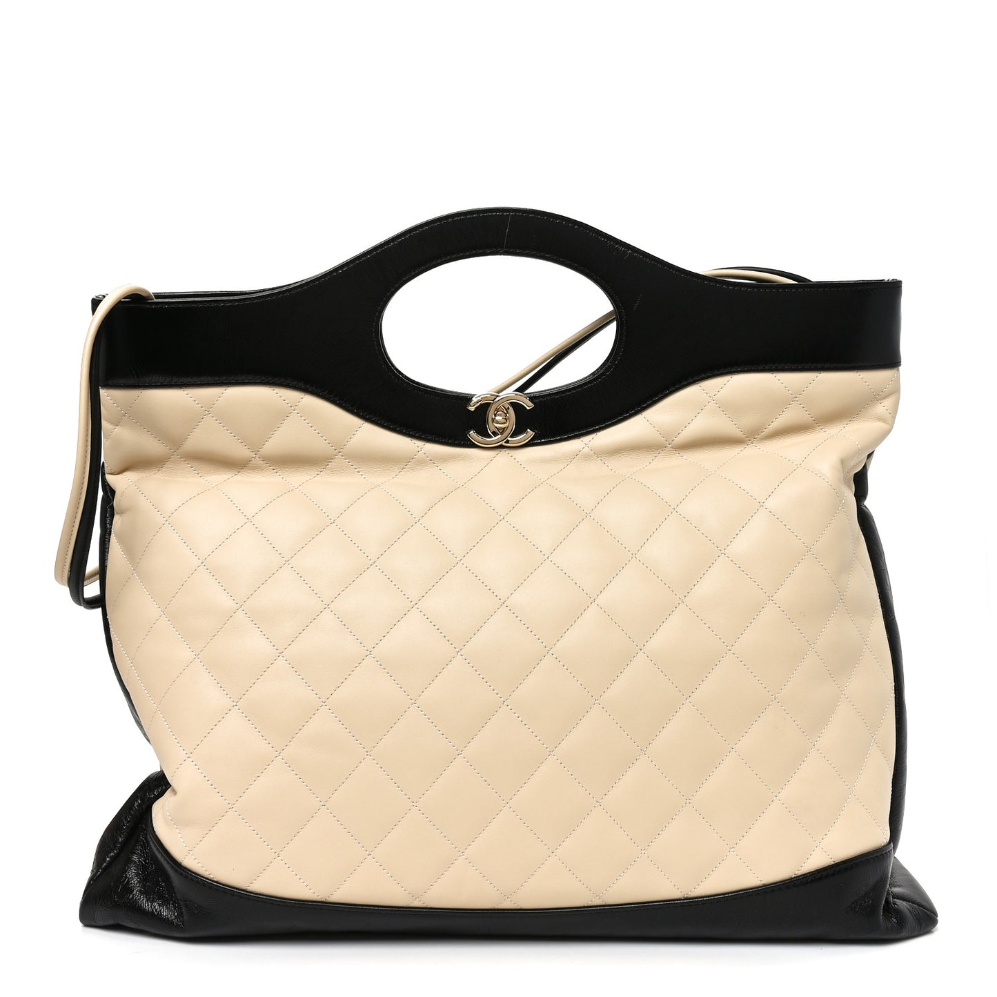 Aged Calfskin Quilted Large 31 Shopping Bag Beige Black