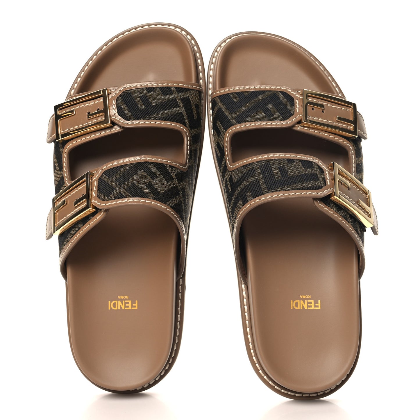 Fabric Jacquard Nappa FF Womens Fendi Feel Buckled Slide Sandals 40 Tobacco Black Miele Scuro