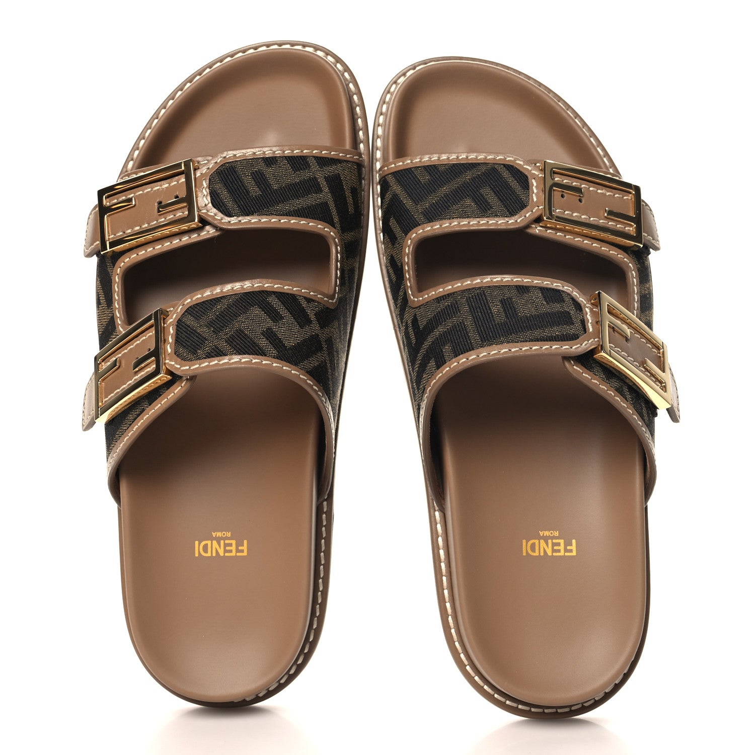 Fendi Fabric Jacquard Nappa FF Womens Fendi Feel Buckled Slide Sandals 40 Tobacco Black Miele Scuro 2 of 10