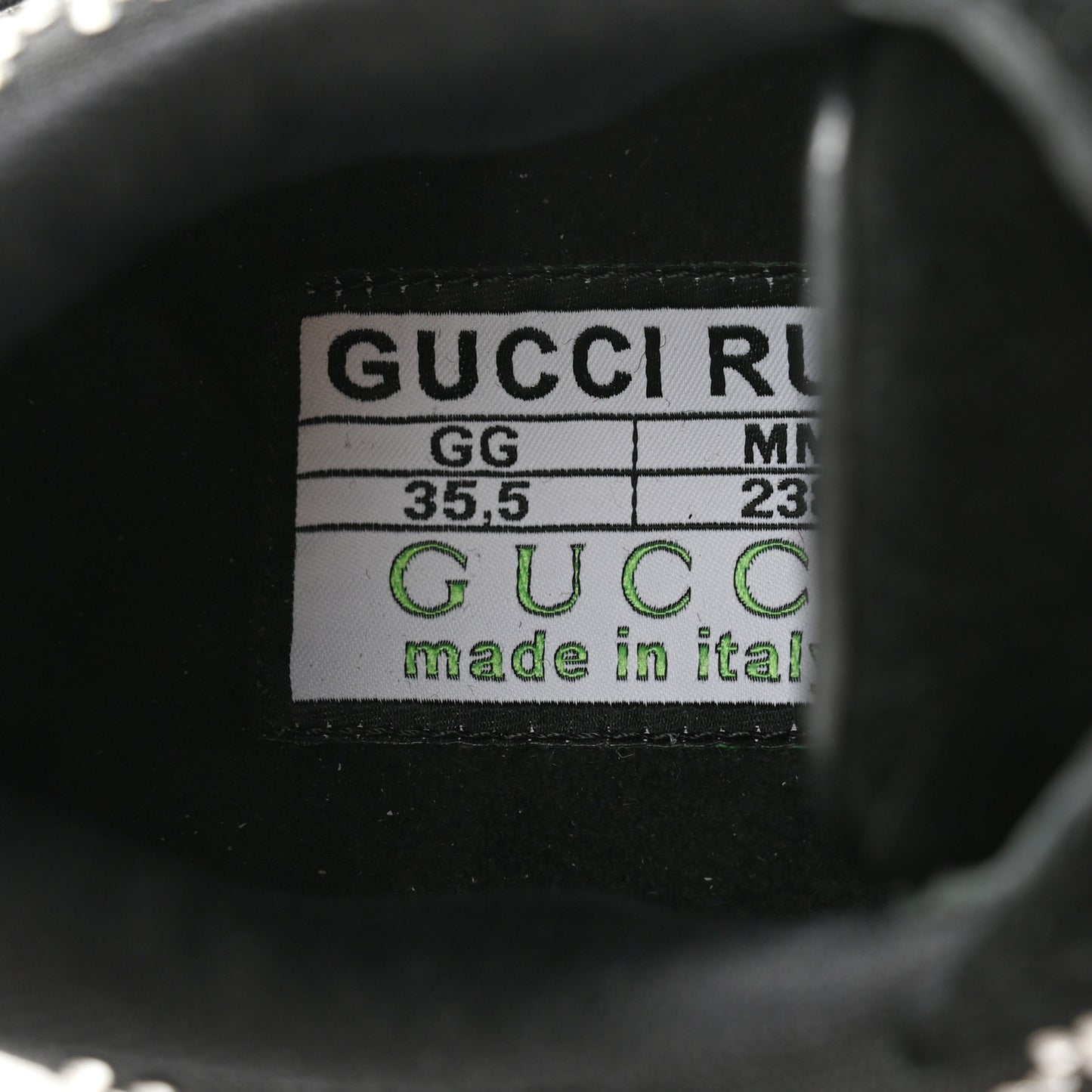 Tela Retino Mesh Crystal Suede GG Monogram Womens Gucci Run Sneakers 35.5 Black Silver