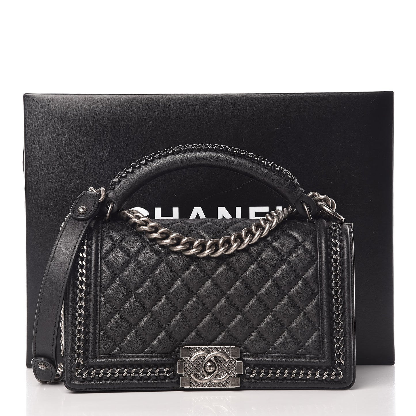 Calfskin Quilted Medium Boy Top Handle Flap Black