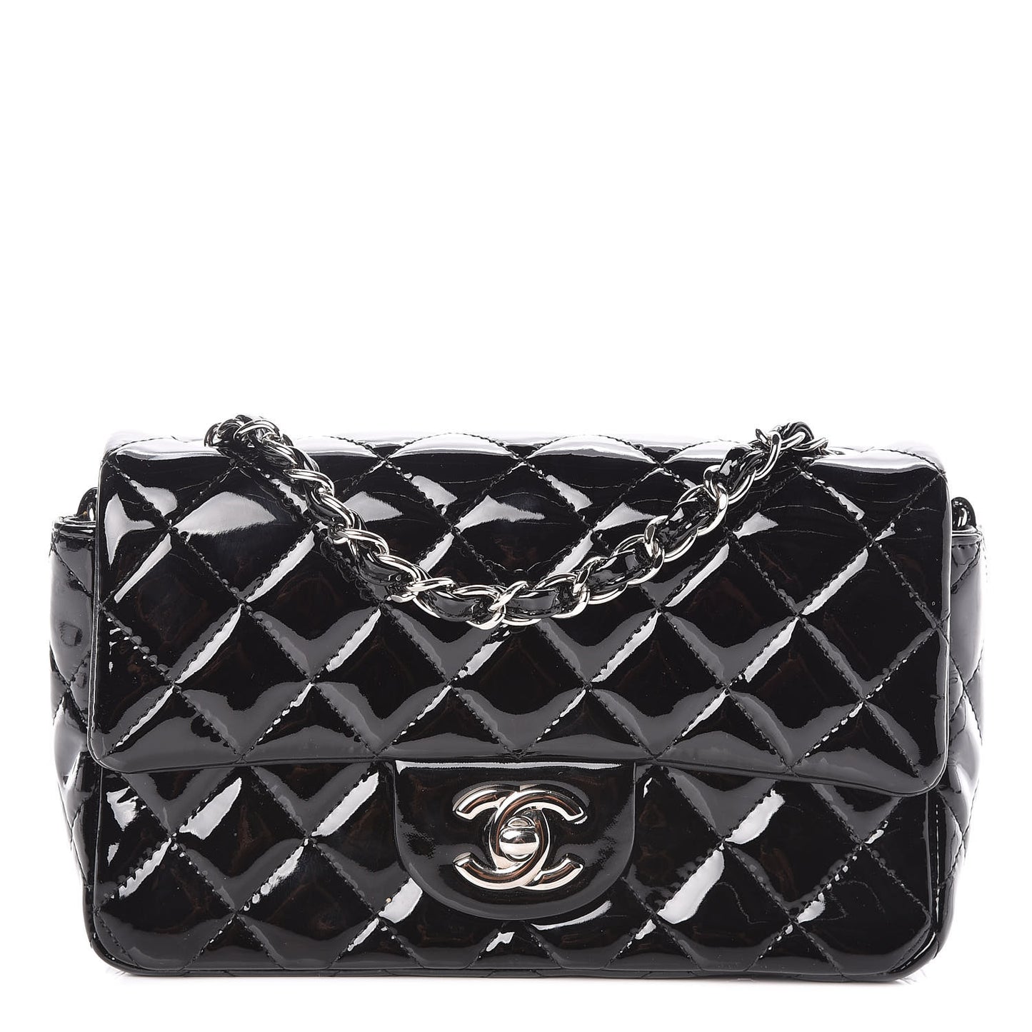Patent Calfskin Quilted Mini Rectangular Flap Black