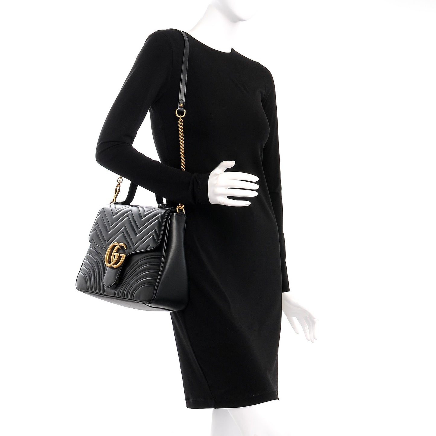 Calfskin Matelasse Medium GG Marmont Top Handle Shoulder Bag Black