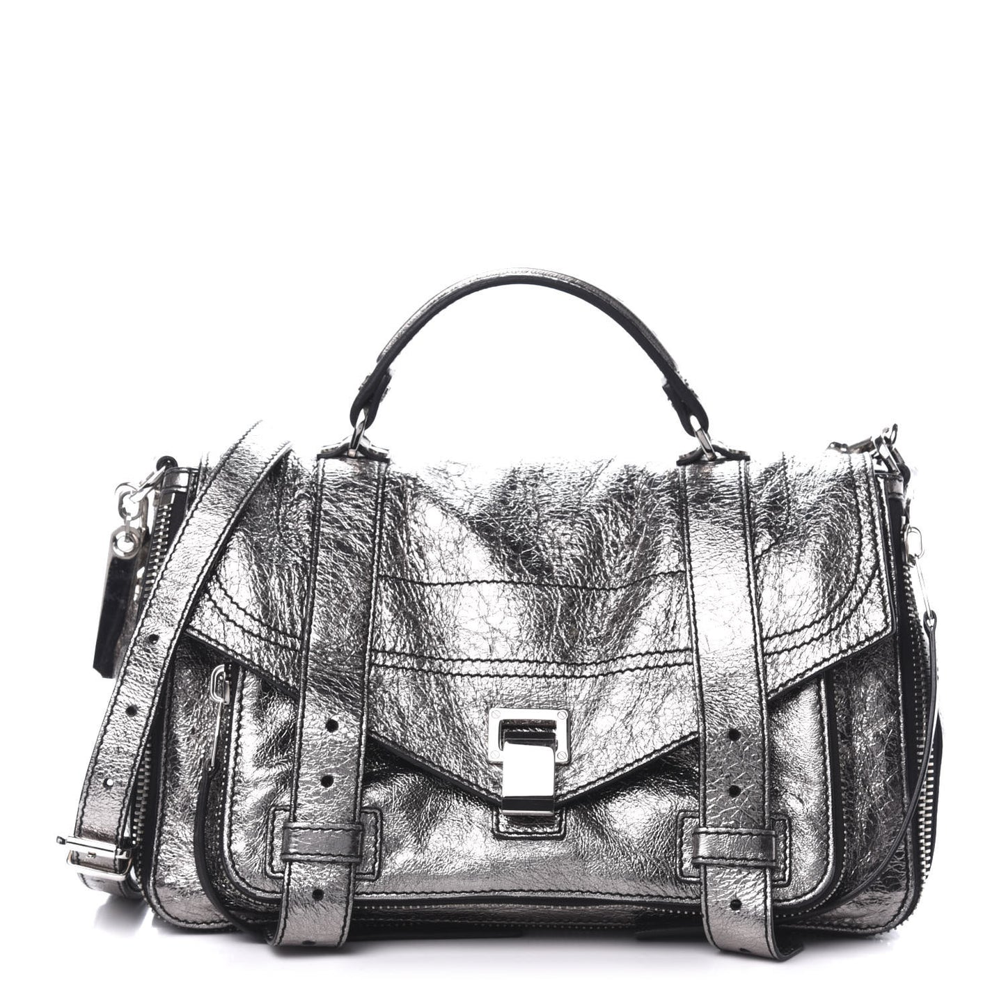 Metallic Paper Lambskin Medium PS1 Plus Zip Satchel Dark Silver