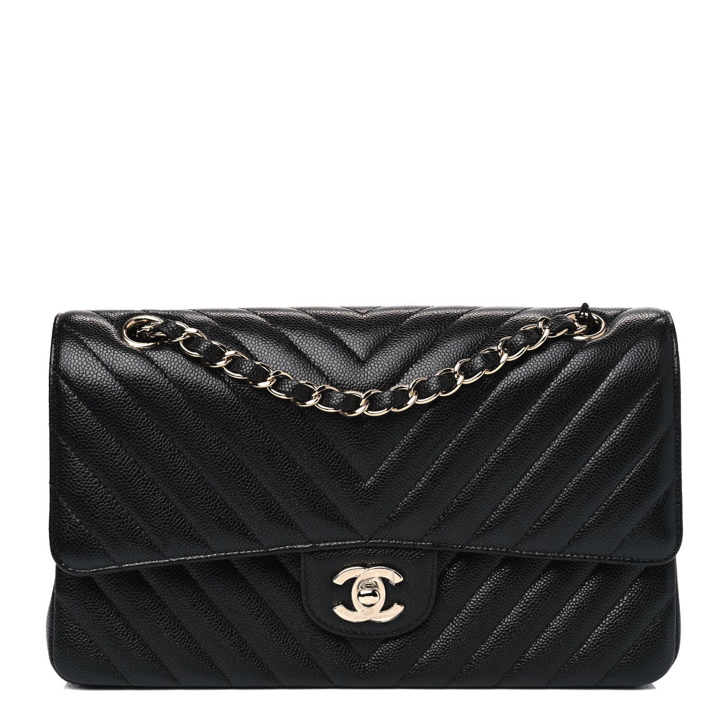 Caviar Chevron Quilted Medium Double Flap Black