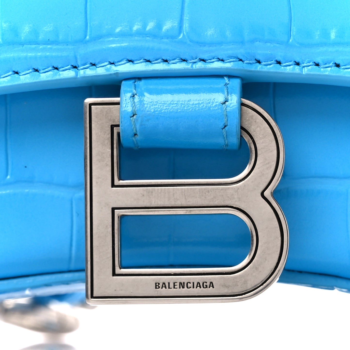Shiny Calfskin Crocodile Embossed Hourglass Top Handle Bag XS Cyan