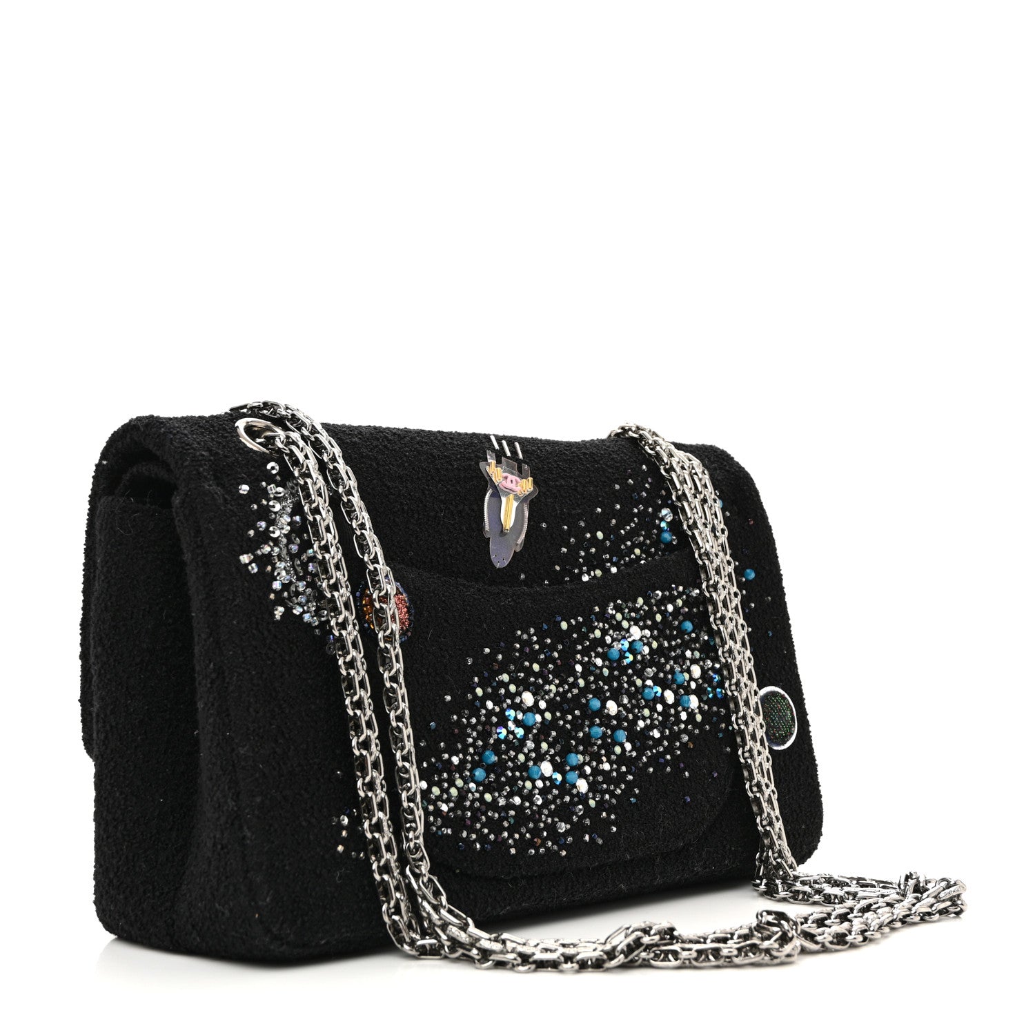 Chanel Boucle Tweed Crystal Bead Embellished Space Charms 2.55 Reissue 225 Flap Black Multicolor 3 of 12