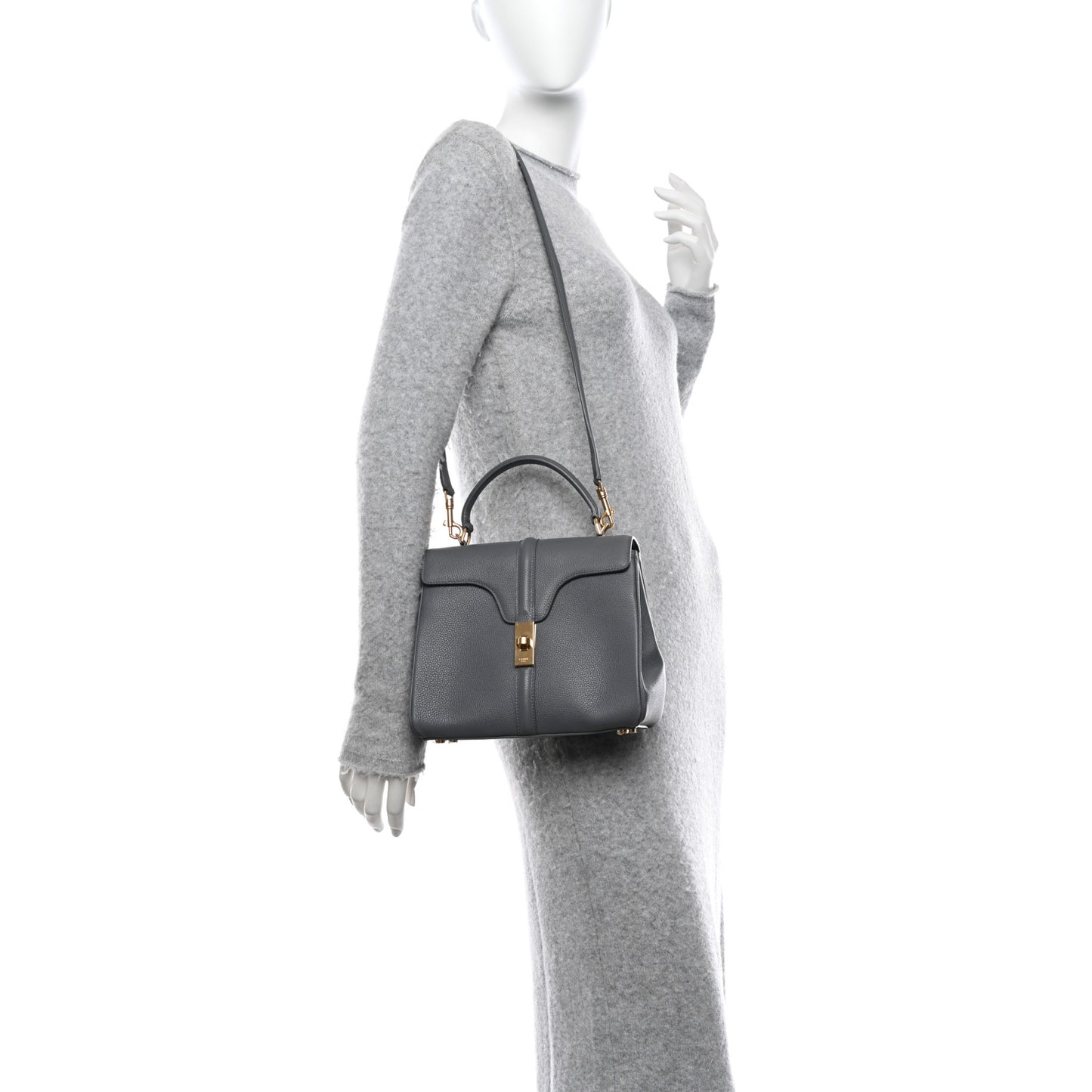 Grained Calfskin Small 16 Top Handle Bag Medium Grey